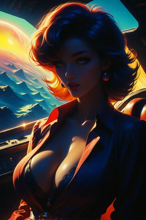 ((best quality)), ((masterpiece)), (detailed), perfect face, surreal, in the illustrative style of moebius, spaceships, aliens, fantasy, sci-fi, graphic novel, line drawing, ((japanese retro)), huge breasts, cleavage, SYNTHWAVE STYLE DESIGN VIBRANT COLORS,...