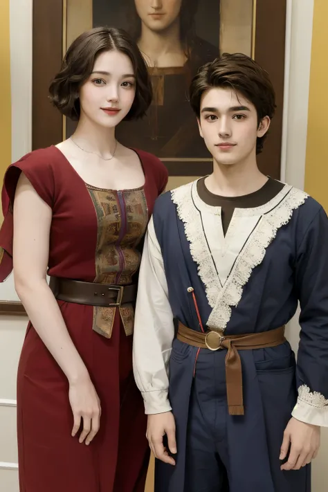 363 (20 year old woman and 20 year old man),(short hair), (high quality photos), (gentle smile), ( colorful costumes ), (Leonardo da Vinci painting)