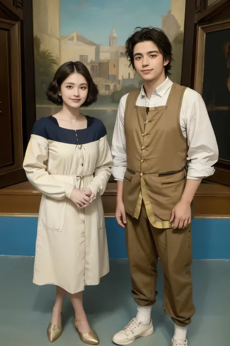 363 (20 year old woman and 20 year old man),(short hair), (high quality photos), (gentle smile), ( colorful costumes ), (Leonardo da Vinci painting)