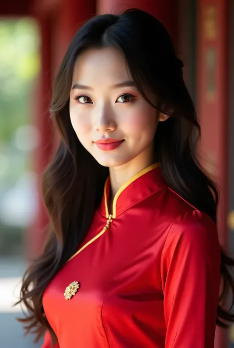 Beautiful 18 year old Chinese girl, Brown eyes and shoulder-length hair, big beautiful breasts, beautiful face, angelic and tender look , perfect makeup, Wearing a red Chinese dress in a thousand-year-old temple,  photo shoot  