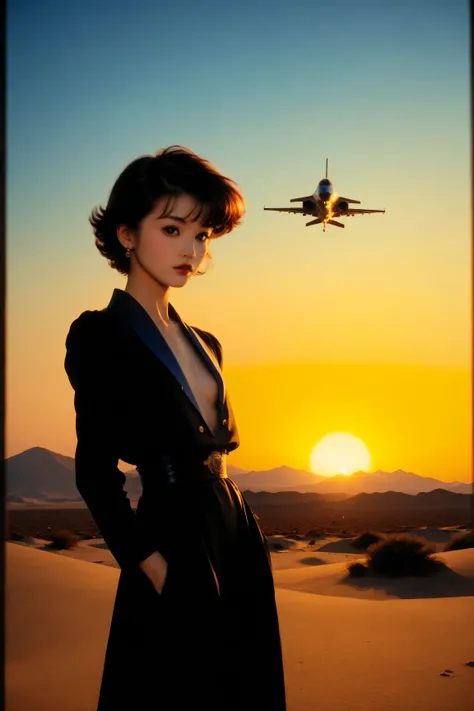 ((best quality)), ((masterpiece)), (detailed), perfect face, surreal, in the illustrative style of moebius, spaceships, aliens, fantasy, sci-fi, graphic novel, line drawing, ((japanese retro)), small breasts, slender, cleavage, SYNTHWAVE STYLE DESIGN VIBRA...