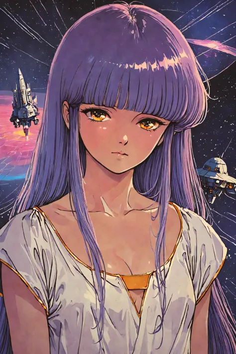 ((best quality)), ((masterpiece)), (detailed), perfect face, surreal, in the illustrative style of moebius, spaceships, aliens, fantasy, sci-fi, graphic novel, line drawing, ((japanese retro)), long purple hair, blunt bangs, gold eyes, white tunic, small b...