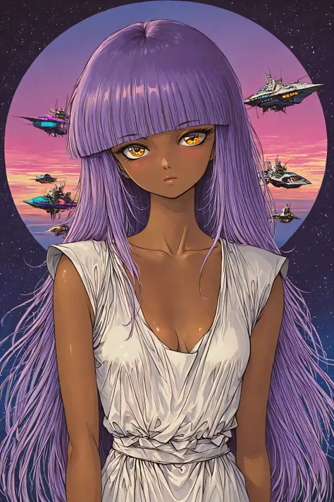 ((best quality)), ((masterpiece)), (detailed), perfect face, dark skin, surreal, in the illustrative style of moebius, spaceships, aliens, fantasy, sci-fi, graphic novel, line drawing, ((japanese retro)), long purple hair, blunt bangs, gold eyes, white tun...