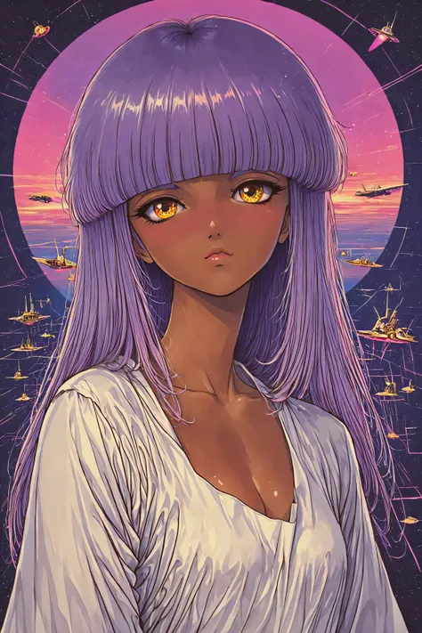 ((best quality)), ((masterpiece)), (detailed), perfect face, dark skin, surreal, in the illustrative style of moebius, spaceships, aliens, fantasy, sci-fi, graphic novel, line drawing, ((japanese retro)), long purple hair, blunt bangs, gold eyes, white tun...