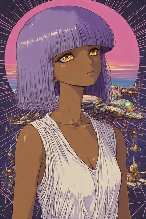 ((best quality)), ((masterpiece)), (detailed), perfect face, dark skin, surreal, in the illustrative style of moebius, spaceships, aliens, fantasy, sci-fi, graphic novel, line drawing, ((japanese retro)), long purple hair, blunt bangs, gold eyes, white tun...
