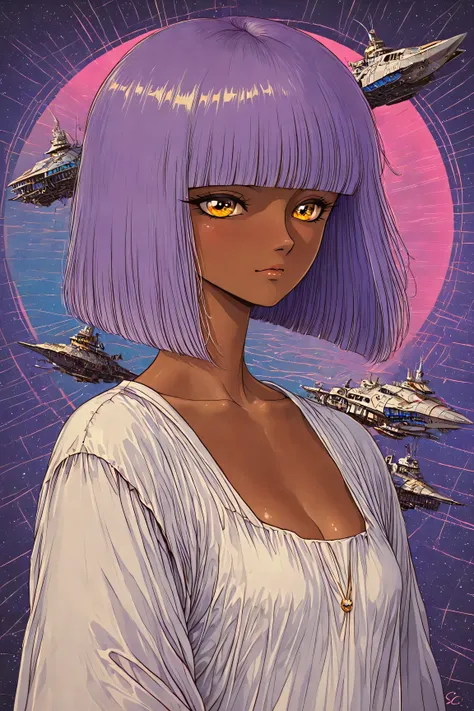 ((best quality)), ((masterpiece)), (detailed), perfect face, dark skin, surreal, in the illustrative style of moebius, spaceships, aliens, fantasy, sci-fi, graphic novel, line drawing, ((japanese retro)), long purple hair, blunt bangs, gold eyes, white tun...