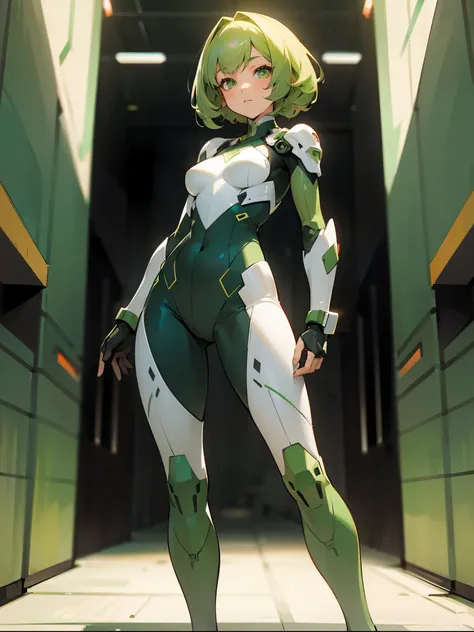 1female , Curly Bob hair , Two Tone Hair , White and Green Hair , Green Eyes , Armored Bodysuit , standing on path , detailed generation 