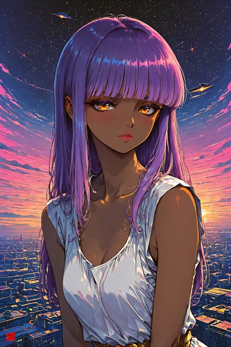 ((best quality)), ((masterpiece)), (detailed), perfect face, dark skin, surreal, in the illustrative style of moebius, spaceships, aliens, fantasy, sci-fi, graphic novel, line drawing, ((japanese retro)), long purple hair, blunt bangs, gold eyes, white tun...