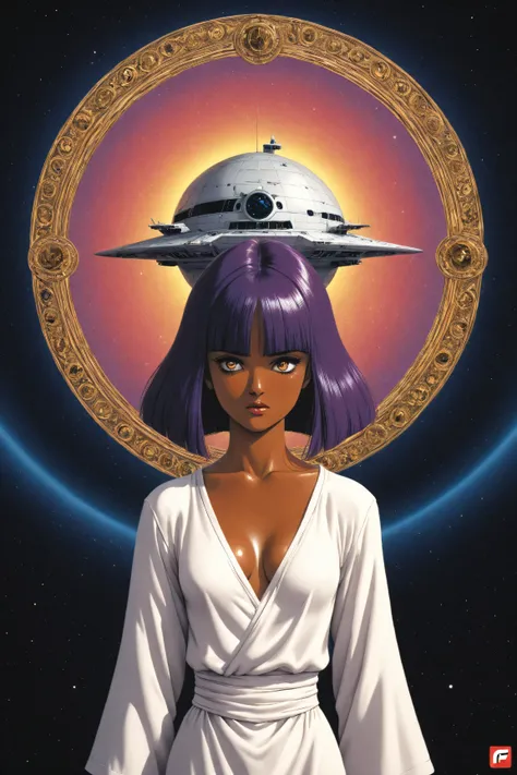 ((best quality)), ((masterpiece)), (detailed), perfect face, dark skin, surreal, in the illustrative style of moebius, spaceships, aliens, fantasy, sci-fi, graphic novel, line drawing, ((japanese retro)), long purple hair, blunt bangs, gold eyes, white tun...