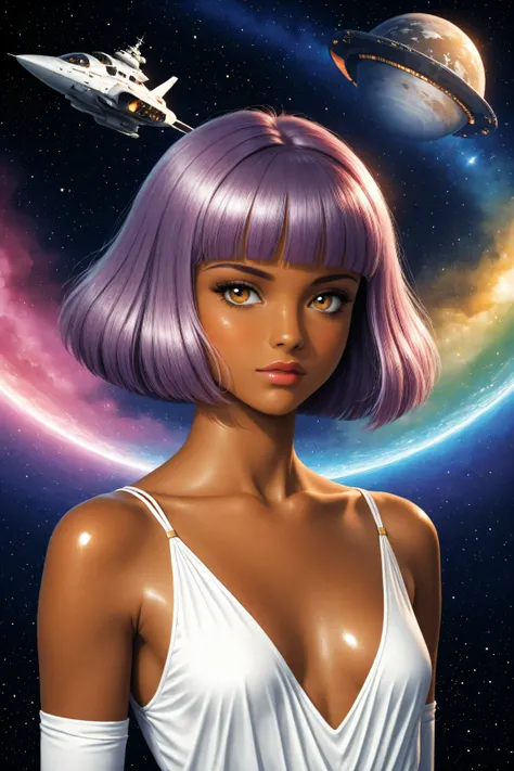 ((best quality)), ((masterpiece)), (detailed), perfect face, dark skin, surreal, in the illustrative style of moebius, spaceships, aliens, fantasy, sci-fi, graphic novel, line drawing, ((japanese retro)), long purple hair, blunt bangs, gold eyes, white tun...