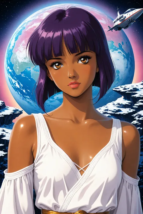 ((best quality)), ((masterpiece)), (detailed), perfect face, dark skin, surreal, in the illustrative style of moebius, spaceships, aliens, fantasy, sci-fi, graphic novel, line drawing, ((japanese retro)), long purple hair, blunt bangs, gold eyes, white tun...