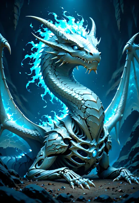 fantasy art, a picture of a massive, epic, skeleton dragon, spread dragon wings, skeletal wings, some silver scales remain, there are blue flames, sense of dread, sense of awe, serpentine eye, dragon cave background, fantasy