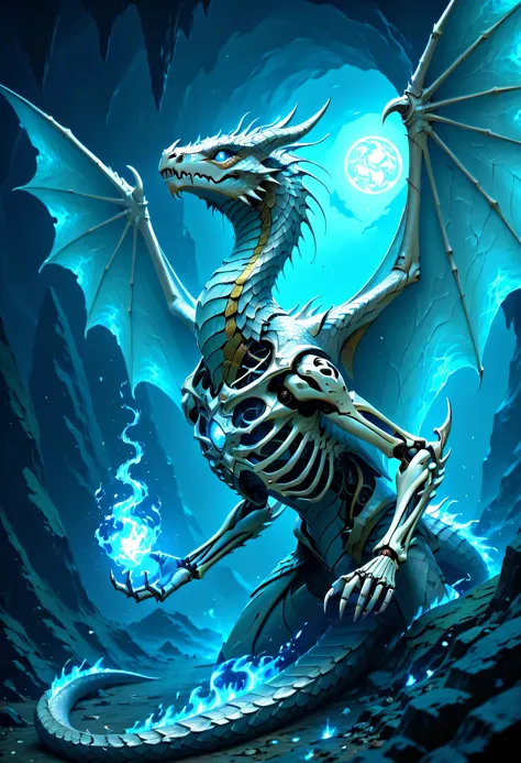 fantasy art, a picture of a massive, epic, skeleton dragon, spread dragon wings, skeletal wings, some silver scales remain, there are blue flames, sense of dread, sense of awe, serpentine eye, dragon cave background, fantasy