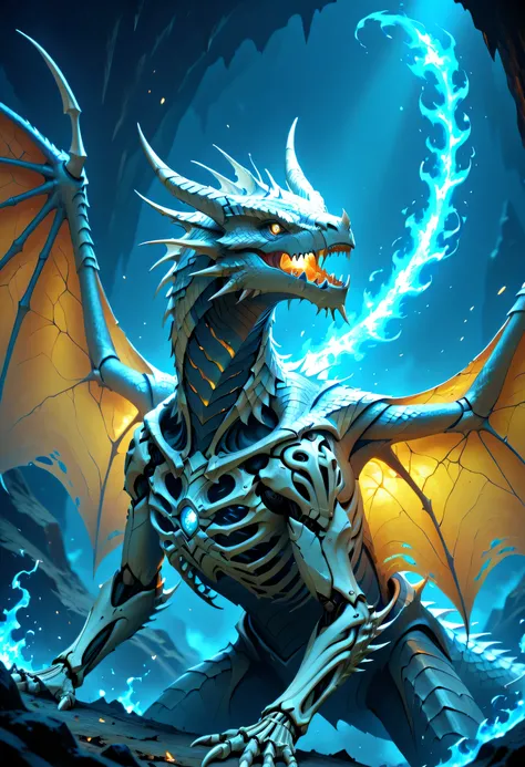 fantasy art, a picture of a massive, epic, skeleton dragon, spread dragon wings, skeletal wings, some silver scales remain, there are blue flames, sense of dread, sense of awe, serpentine eye, dragon cave background, fantasy