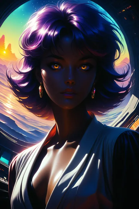 ((best quality)), ((masterpiece)), (detailed), perfect face, dark skin, surreal, in the illustrative style of moebius, spaceships, aliens, fantasy, sci-fi, graphic novel, line drawing, ((japanese retro)), long purple hair, blunt bangs, gold eyes, white tun...
