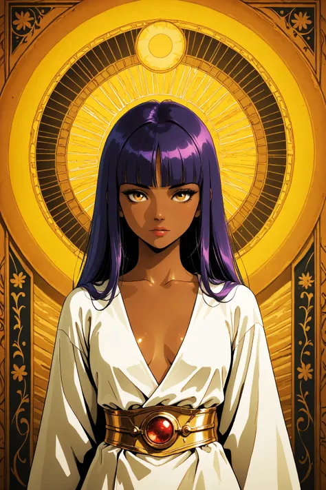 ((best quality)), ((masterpiece)), (detailed), perfect face, dark skin, surreal, in the illustrative style of moebius, spaceships, aliens, fantasy, sci-fi, graphic novel, line drawing, ((japanese retro)), long purple hair, blunt bangs, gold eyes, white tun...