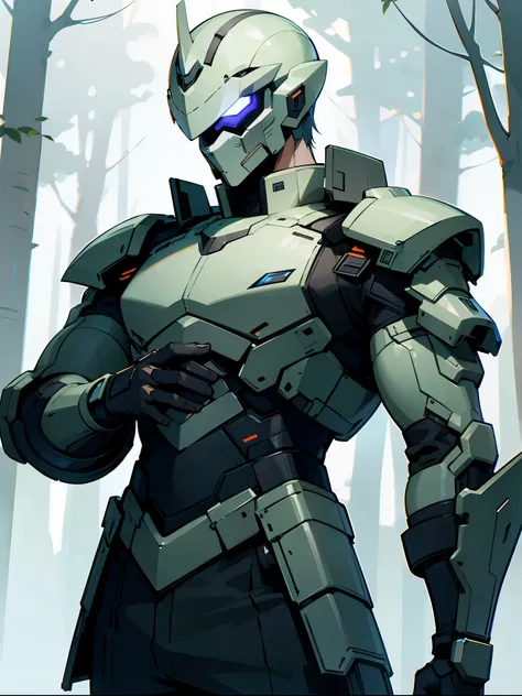 1male , Standing in forest , Wrapped Arm , Shortsleeve Shirt , Futuristic Armored Clothing , Detailed Generation, Perfect Quality