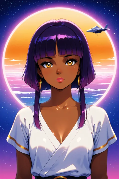 ((best quality)), ((masterpiece)), (detailed), perfect face, dark skin, surreal, in the illustrative style of moebius, spaceships, aliens, fantasy, sci-fi, graphic novel, line drawing, ((japanese retro)), long purple hair, blunt bangs, gold eyes, white tun...