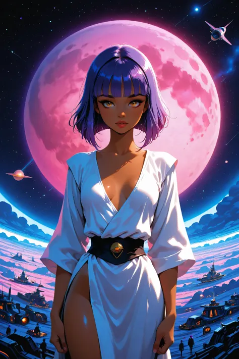 ((best quality)), ((masterpiece)), (detailed), perfect face, dark skin, surreal, in the illustrative style of moebius, spaceships, aliens, fantasy, sci-fi, graphic novel, line drawing, ((japanese retro)), long purple hair, blunt bangs, gold eyes, white tun...