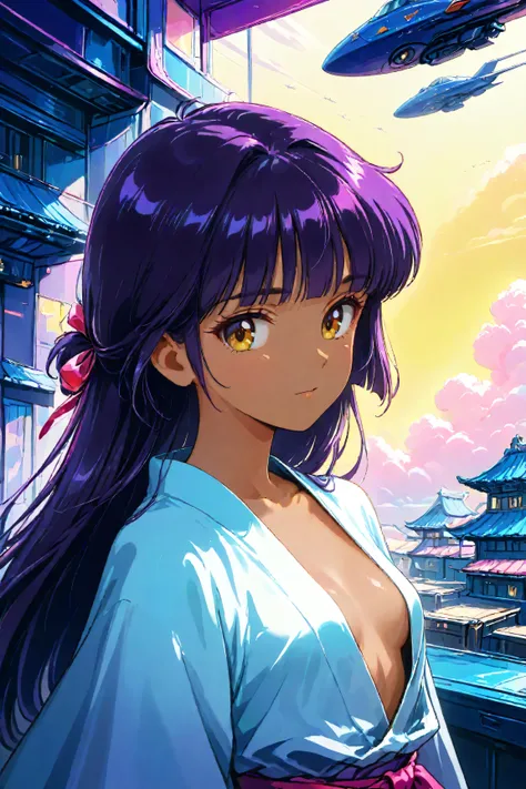 ((best quality)), ((masterpiece)), (detailed), perfect face, dark skin, surreal, in the illustrative style of moebius, spaceships, aliens, fantasy, sci-fi, graphic novel, line drawing, ((japanese retro)), long purple hair, blunt bangs, gold eyes, white tun...