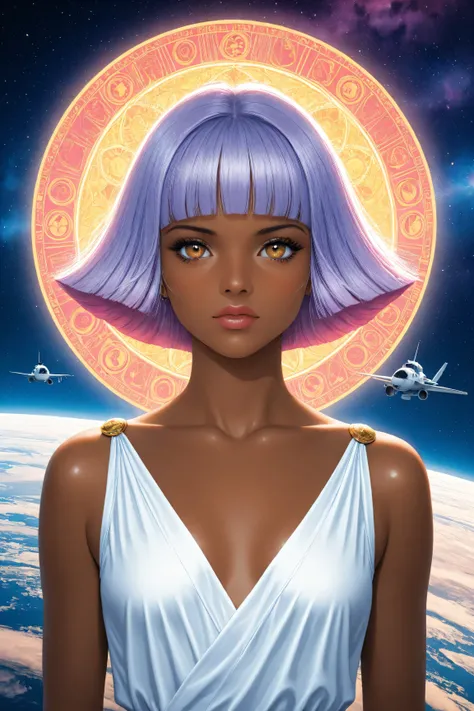 ((best quality)), ((masterpiece)), (detailed), perfect face, dark skin, surreal, in the illustrative style of moebius, spaceships, aliens, fantasy, sci-fi, graphic novel, line drawing, ((japanese retro)), long purple hair, blunt bangs, gold eyes, white tun...