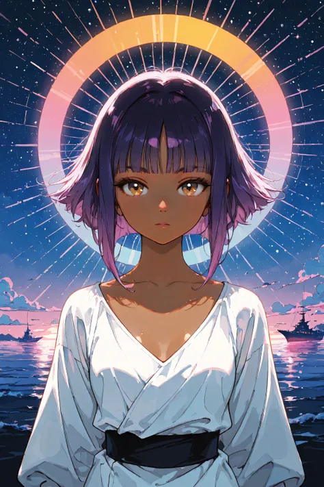 ((best quality)), ((masterpiece)), (detailed), perfect face, dark skin, surreal, in the illustrative style of moebius, spaceships, aliens, fantasy, sci-fi, graphic novel, line drawing, ((japanese retro)), long purple hair, blunt bangs, gold eyes, white tun...