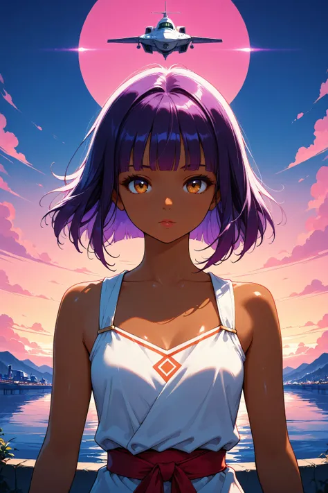 ((best quality)), ((masterpiece)), (detailed), perfect face, dark skin, surreal, in the illustrative style of moebius, spaceships, aliens, fantasy, sci-fi, graphic novel, line drawing, ((japanese retro)), long purple hair, blunt bangs, gold eyes, white tun...