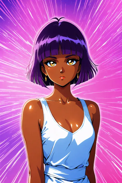 ((best quality)), ((masterpiece)), (detailed), perfect face, dark skin, surreal, in the illustrative style of moebius, spaceships, aliens, fantasy, sci-fi, graphic novel, line drawing, ((japanese retro)), long purple hair, blunt bangs, gold eyes, white tun...