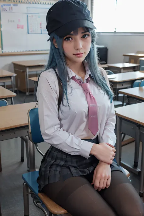 Blue haired girl, blue eyes, sports cap, sitting on a chair, crossing her legs,  school background,  school background(classroom), complete anatomy, school uniform, tie, shirt, skirt, pantyhose, blush, first person, Charm, underwear, great body.