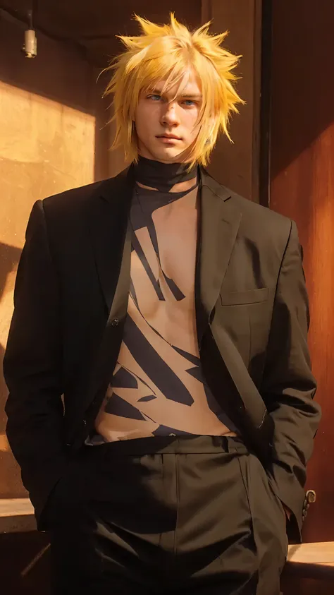 a 20 year old yellow haired man. wearing a black suit. serious and flat facial expression. tall guy with blue eyes, handsome man, young man, badass style