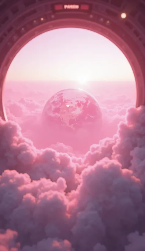 View from inside a spaceship to Earth in only shades of light and dark pink and clouds without people