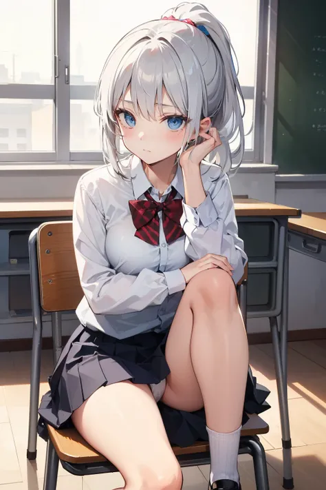 best quality, masterpiece, 1girl, solo, sitting on chair ,looking at viewer, cheek resting on desk, school uniform, pantyshot, white underwear, ponytail, silver hair, blue eyes, disappointed, closed mouth, classroom