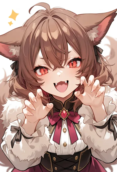 aruhshura, brown hair, red eyes, sharp ears, ribbon, playful expression, "gao" pose, cute fangs, dynamic pose, fluffy hair, fantasy setting, vibrant colors, solo