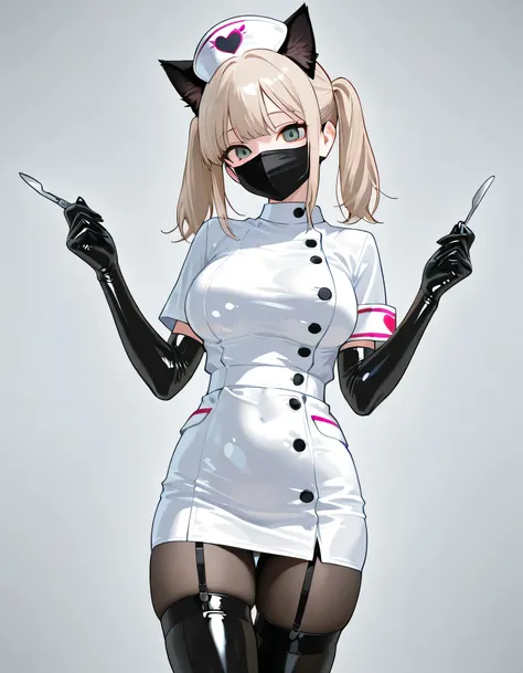 white tight mini skirt nurse clothes, black mask, black stockings, black gloves ,latex , scalpel,cat ears,