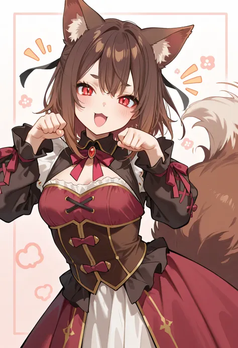 aruhshura, brown hair, red eyes, animal ears, ribbon, "gao" pose, playful expression, fantasy outfit, fluffy tail, vibrant background, magical aura