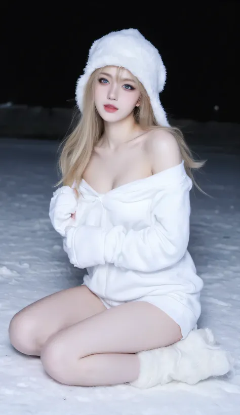 1 Girl, sexy pose, full body, watching the audience, sitting on the floor, sexy, Charming and beautiful, Big breasts, Rift, ( tempting eyes :1),  heavy black eyeshadow , blue eyes, white usca hat ,  white sweatshirt \(Bare shoulders,  long sleeve\),  white...