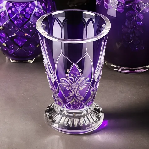 purple glass vase with a floral design on the bottom, beautiful glass work, purple crystal glass inlays, vase work, beautiful design, purple crystal inlays, venetian glass, amethyst, beautiful detail and color, beautiful craftsmanship, intricate crystal je...