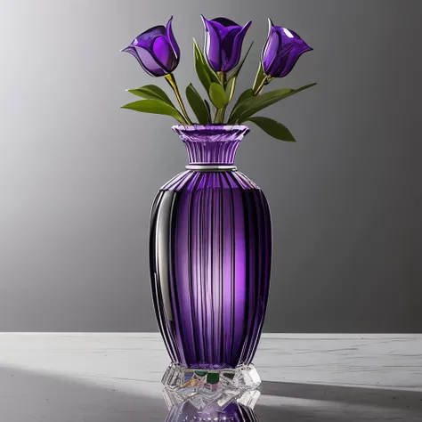 purple glass vase with a floral design on the bottom, beautiful glass work, purple crystal glass inlays, vase work, beautiful design, purple crystal inlays, venetian glass, amethyst, beautiful detail and color, beautiful craftsmanship, intricate crystal je...