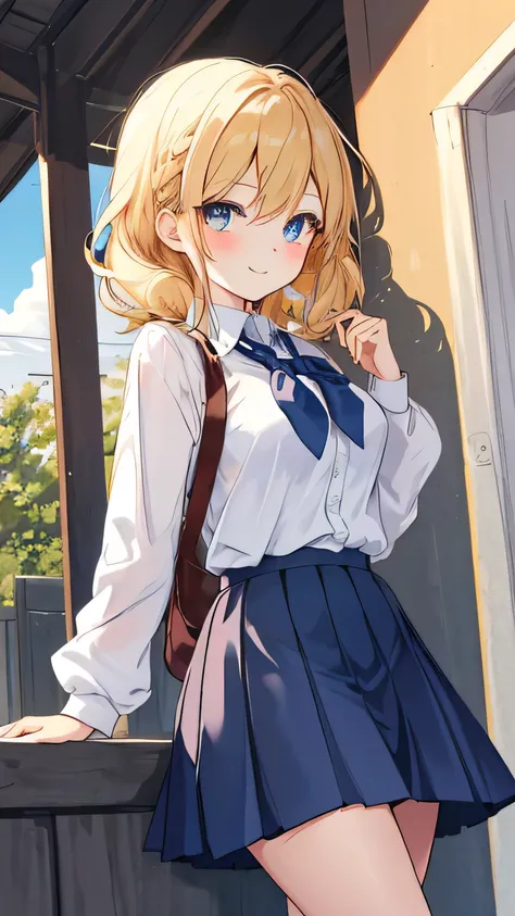 Masterpiece, Best Quality, Top Quality, Very Detailed, A charming schoolgirl with golden hair, dressed in a stylish uniform, radiating warmth and confidence. She stands gracefully, her bright eyes filled with determination, as sunlight gently highlights he...