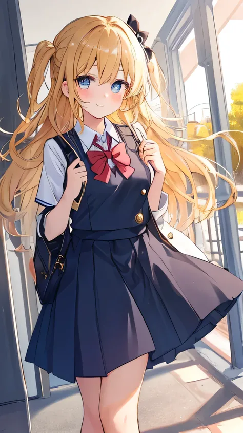 Masterpiece, Best Quality, Top Quality, Very Detailed, A charming schoolgirl with golden hair, dressed in a stylish uniform, radiating warmth and confidence. She stands gracefully, her bright eyes filled with determination, as sunlight gently highlights he...