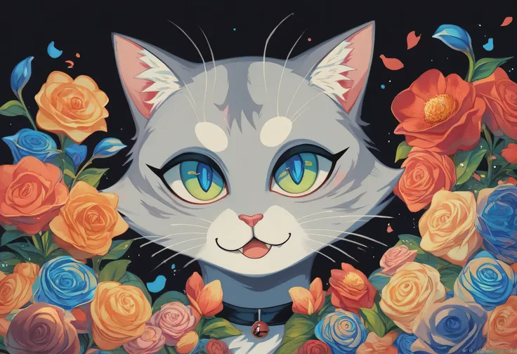  close-up of a cat with colorful flowers on a black background,  jigsaw puzzle by Jason Benjamin ,   reddit contest winner  ,  Psychedelic Art,  just a joke , Cat Painting,  Alex grey cat , Cat Details, beeple と jeremiah ketner, Highly detailed 4K art, Det...