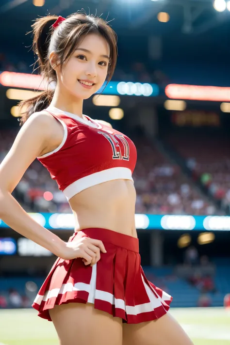 (photorealistic, ultra-detailed, 8K resolution),
young woman, slim and fit body, cheerful expression,
wearing a red and white cheerleader uniform,
cropped sleeveless top, short pleated skirt,
midriff exposed, holding yellow pom-poms,
brown or black hair in...