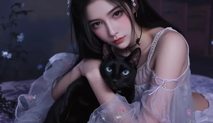 Japanese woman in slit dress and black cat with blue eyes