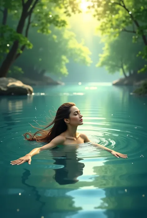 Relaxed woman swimming in a river