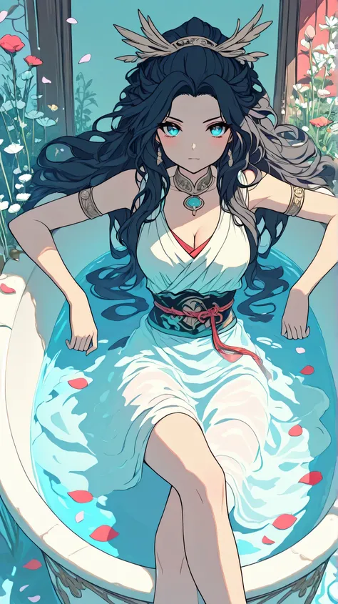 Masterpiece, Best Quality, Top Quality, Very Detailed, A serene warrior queen, submerged in a flower-filled tub. Her dark, flowing hair cascades around her, as violet petals float gently. Her calm yet intense expression reflects wisdom and quiet strength.