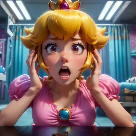 a close up of a cartoon character with a surprised look,  Princess Peach),  Princess Peach, chocolate look, 3 d  animated movie ,  animated movie , animated film, chocolate, very surprised, surprised expression, looking surprised,  animated movie , surpris...