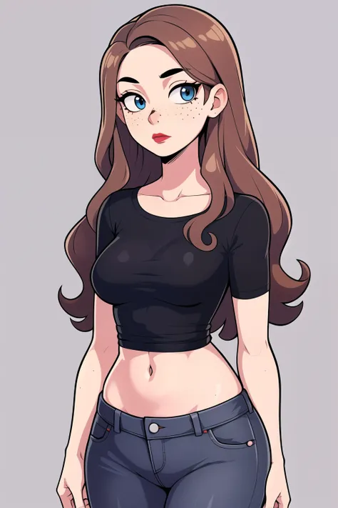 hotify:2,fair skin,tight slim gray cropped t-shirt,grey t-shirt,, hourglass type body, freckles, round face, check copyright,1girl,long wavy hair, hot girl, freckles,  blue eyes,red-lipstick female,brown long wavy hair, hourglass body, jeans short, sly, no...