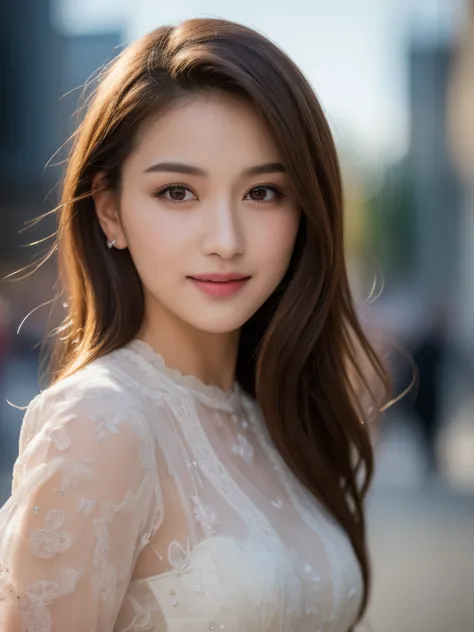 Pretty Japanese woman in her 30s, (Dark brown hair), smile, slim face, full length dress :1.1, Ultra-detailed face, Detailed eyes, Double eyelid, blur background, bust shot, city, outside, street,