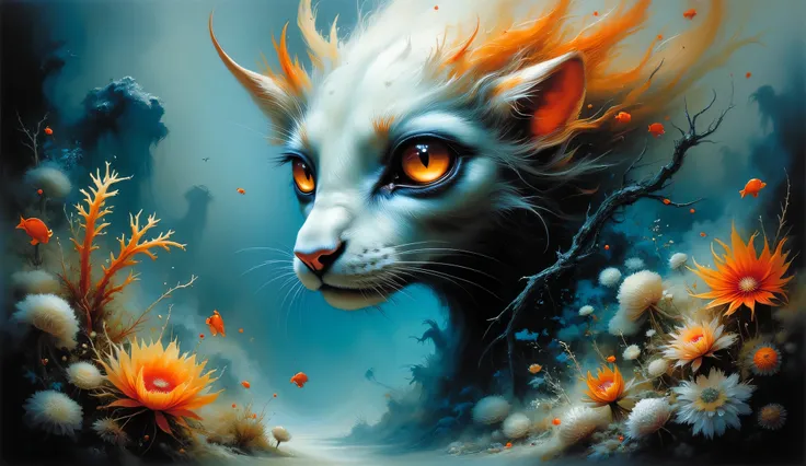 Surreal painting of a creature's face blending into a breathtaking white coral landscape, his head encapsulating a living scene from the deep sea, holographic eyes shimmering with ethereal light, ultra realistic, Dramatic Lighting , very detailed.