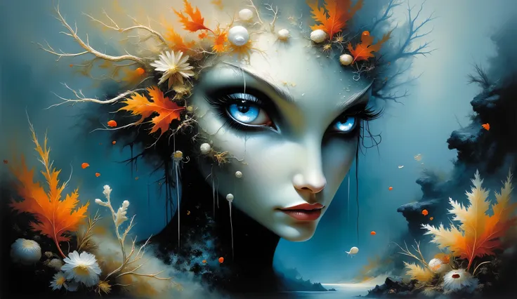 Surreal painting of a creature's face blending into a breathtaking white coral landscape, his head encapsulating a living scene from the deep sea, holographic eyes shimmering with ethereal light, ultra realistic, Dramatic Lighting , very detailed.